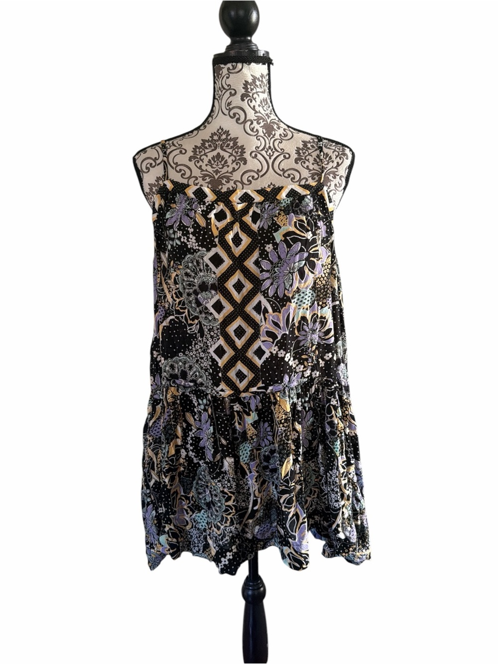 Free People Black Floral Tiered Dress with Lavender and Gold Accents